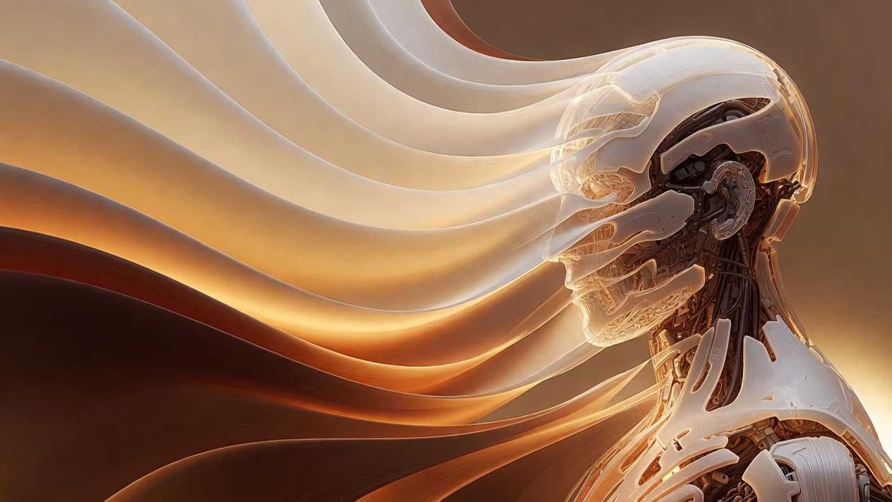 Sound frequency curves morphing into a holographic robotic form