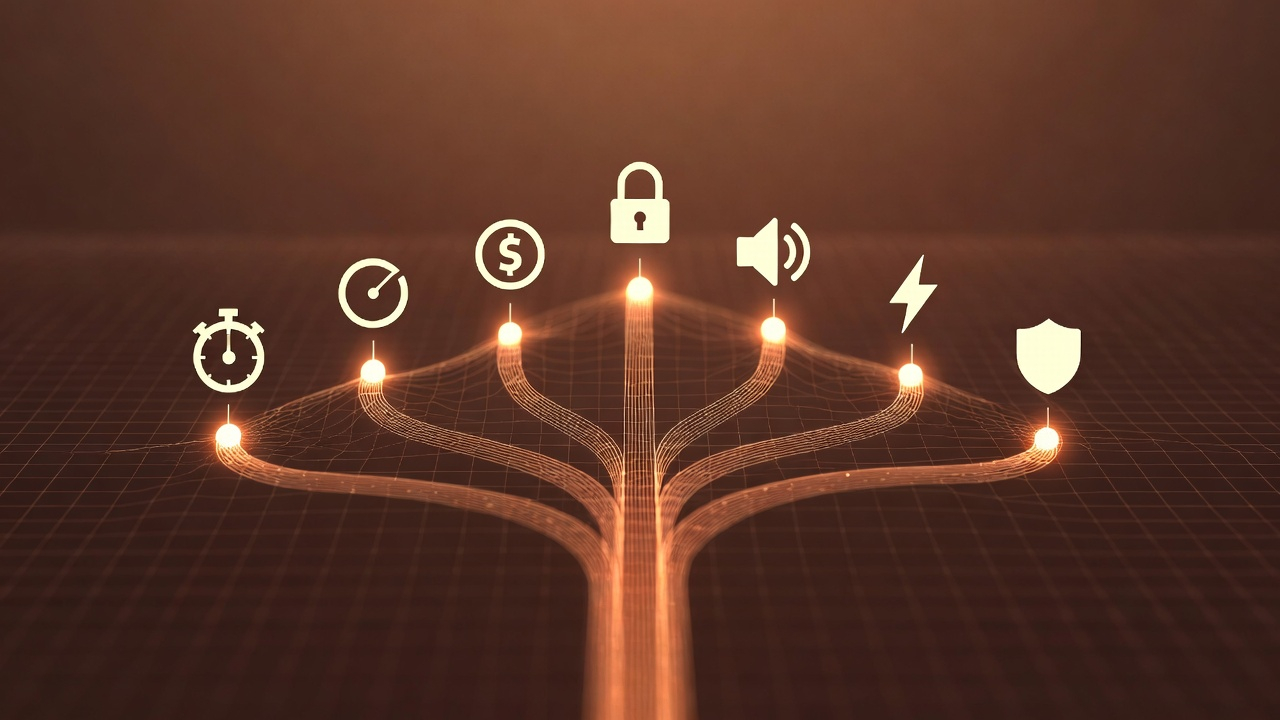 Git-style branching tree with developer decision icons for latency, pricing, privacy, and quality