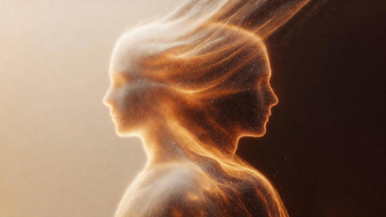 Human silhouette dissolving into particles and reforming as an identical clone