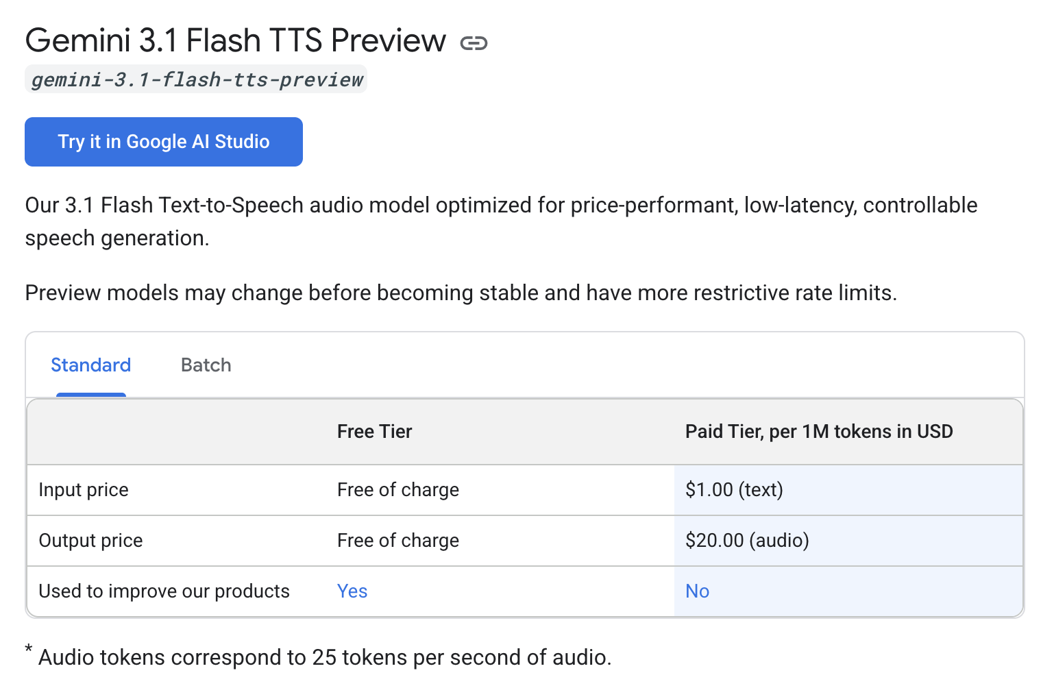 Google AI developer pricing table for Gemini 3.1 Flash TTS Preview showing free tier and paid tier at $1.00 per 1M input text tokens and $20.00 per 1M output audio tokens
