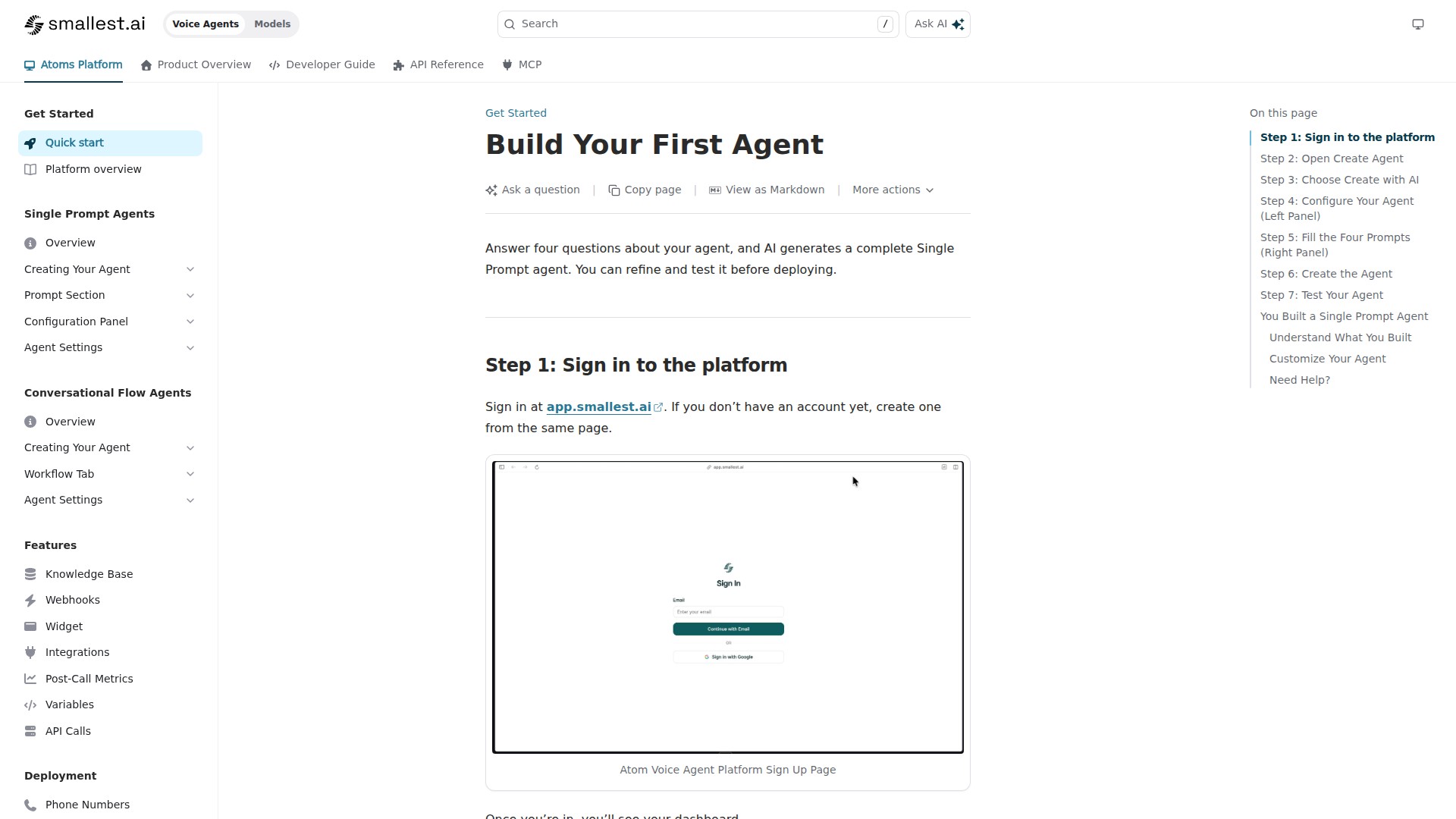Smallest.ai documentation page showing API reference for the Lightning TTS model